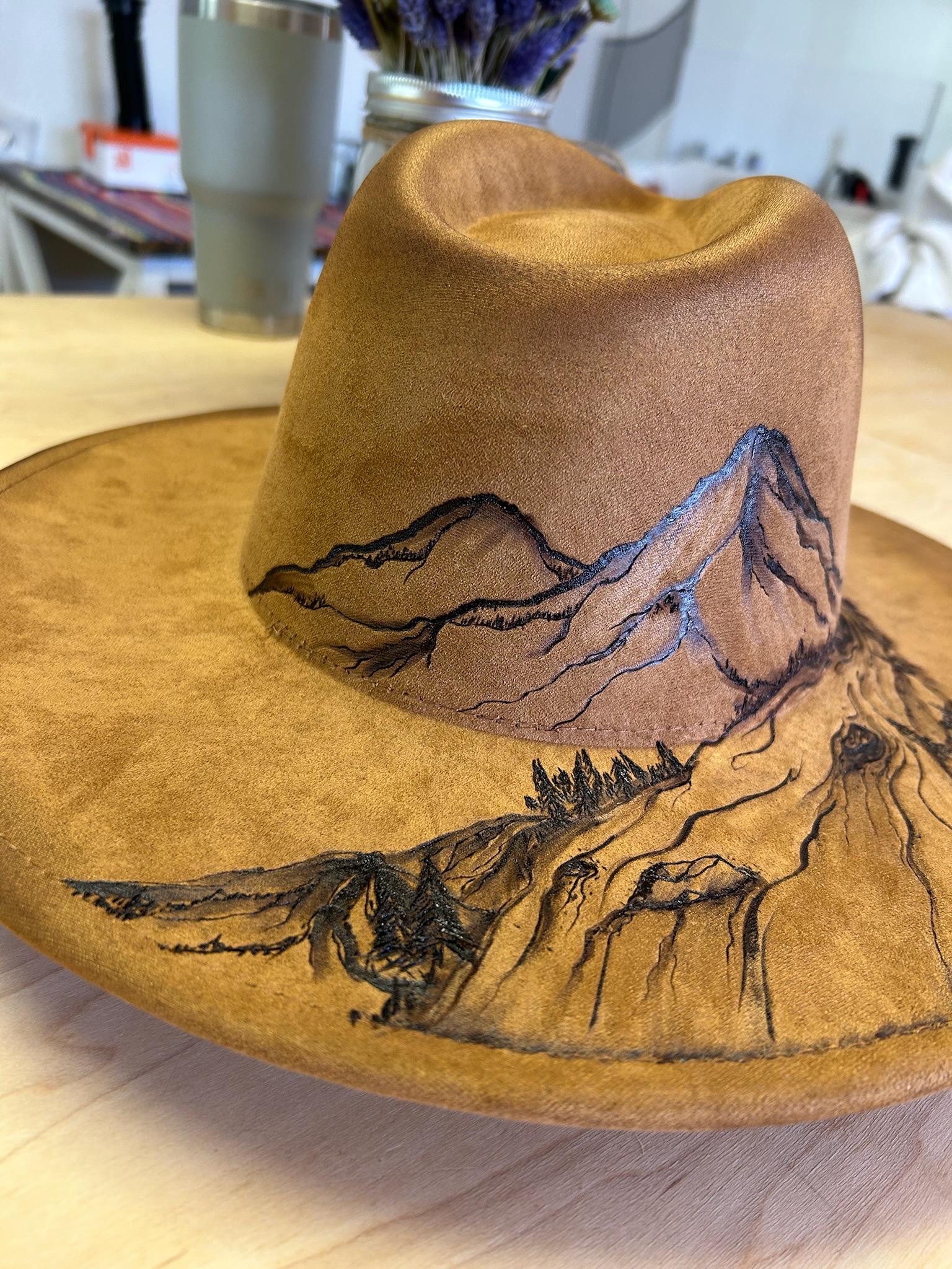 Hand-burned Mountain Landscape Hat – Custom Western Fedora  display picture 1