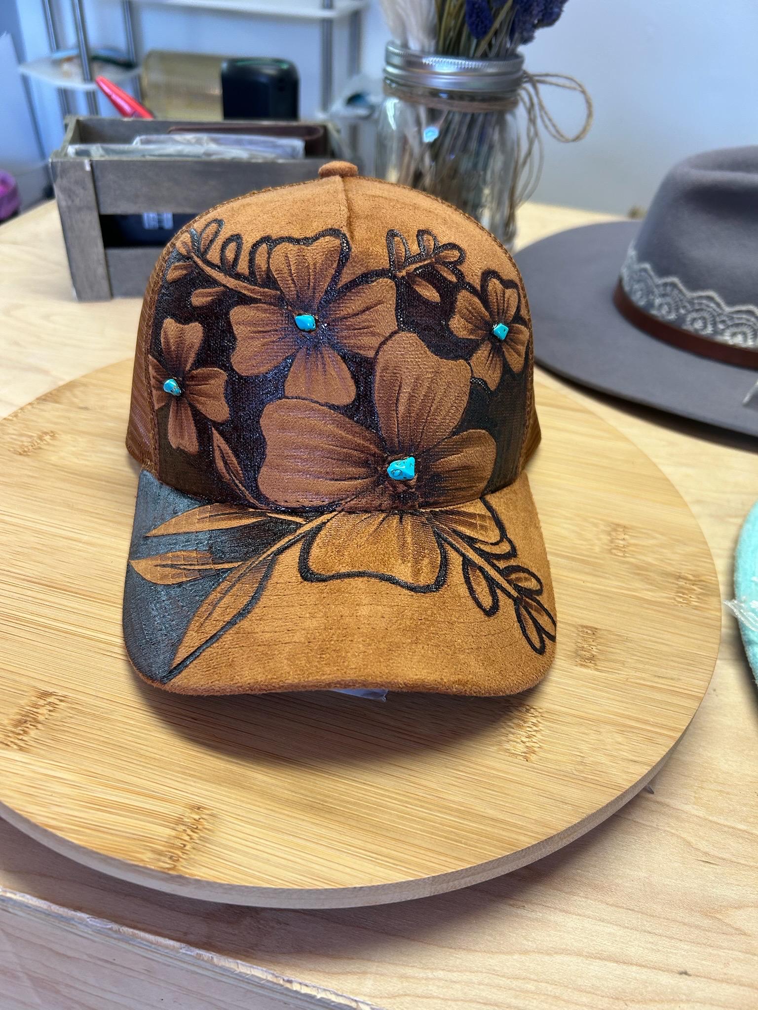 Vintage Black and Brown Hat with Floral Accent Floral Trucker Hat Freehand Burned – Western Style Black Cap  main image 2