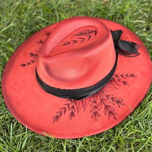 Red Suede Fedora with Hand-Burned Leaf Design – Artisan Western Hat, Unique Statement Fedora for Women