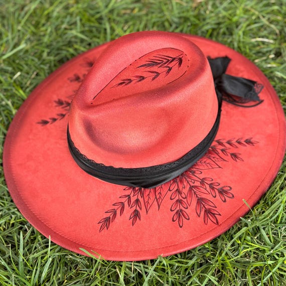 Red Women\'s Hand Burned Fedora Hand-burned Wide Brim Red Fedora Hat | Wildflower Design  main image 4