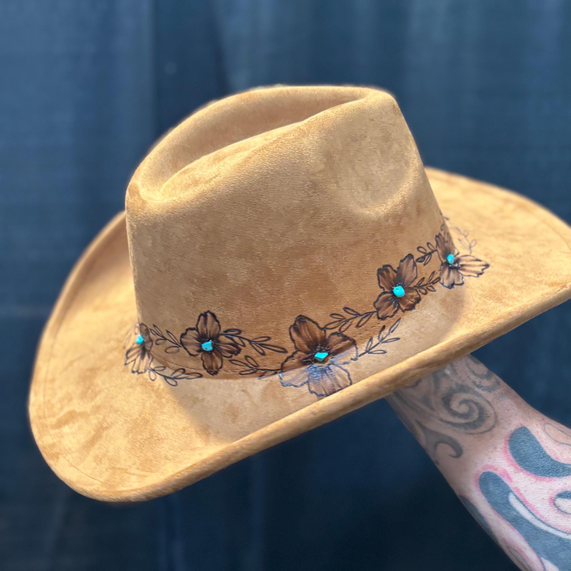 Custom Suede Fedora with Hand-Burned Quotes. Mint Scarf with Horse Pin Accent Wild Horses Burned and Decorated Olive Suede Fedora  main image 4