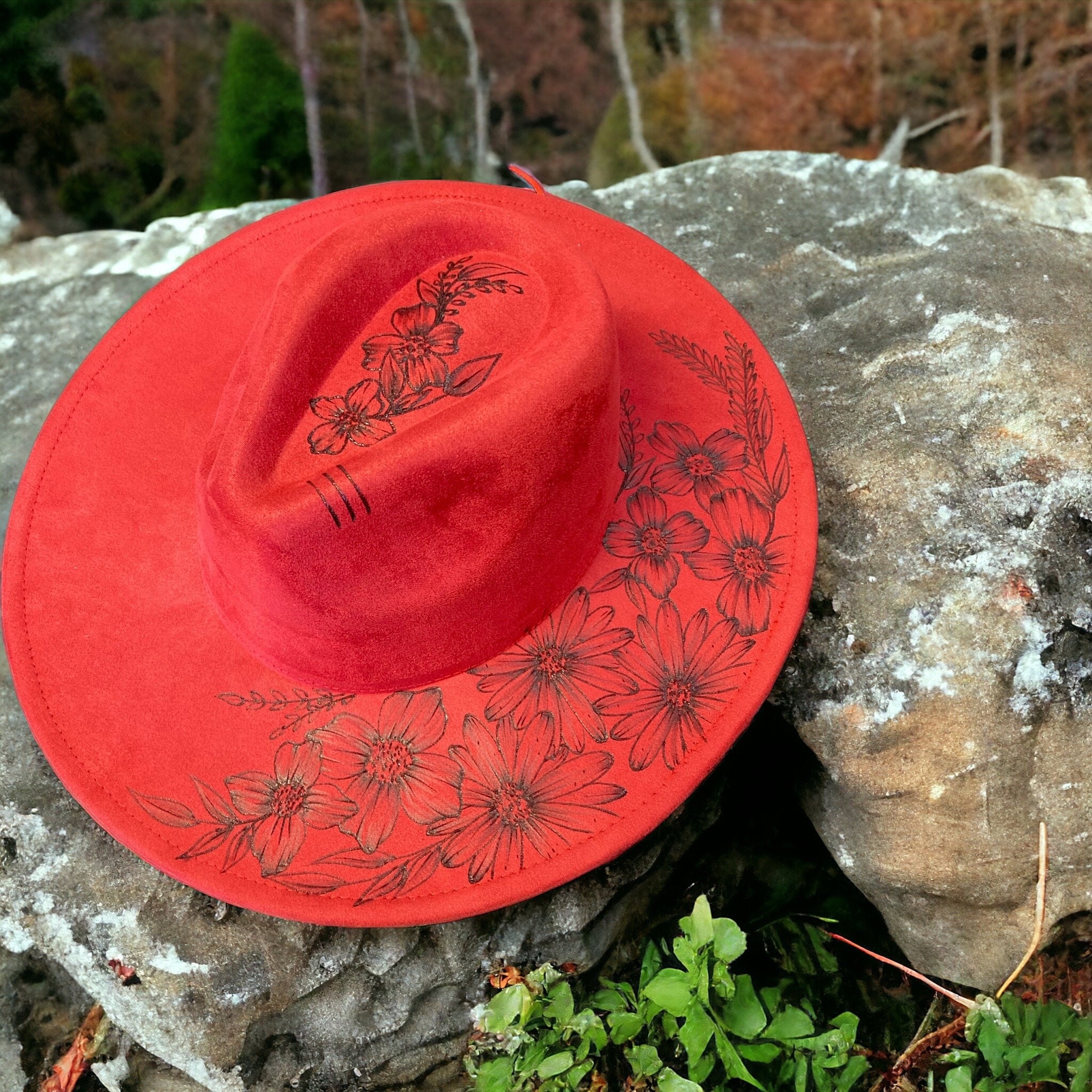 Hand-burned Wide Brim Red Fedora Hat | Wildflower Design  display picture 1