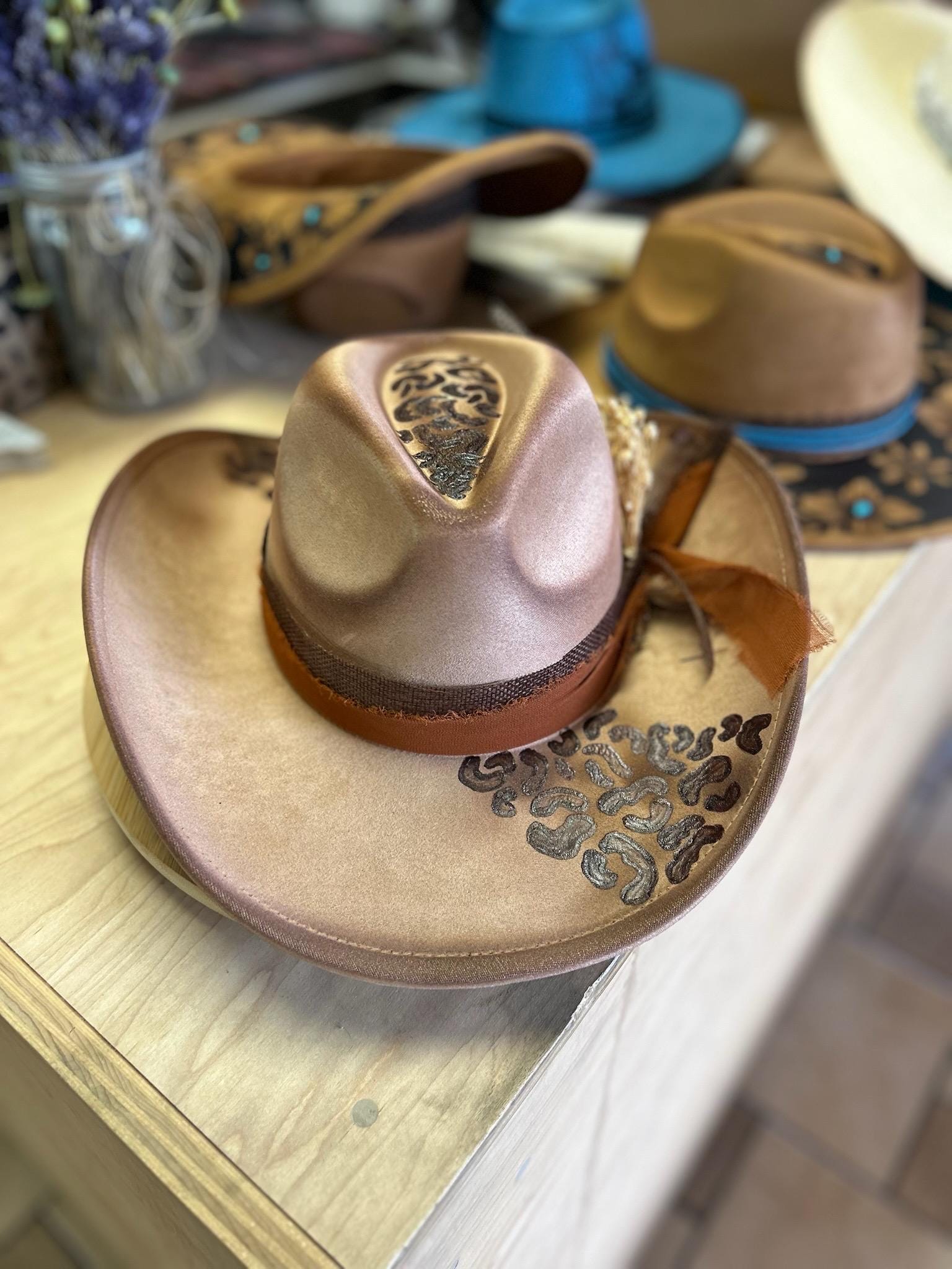 Leopard Print Cowboy Fedora Hat – Hand Burned Tan Western  display picture 3