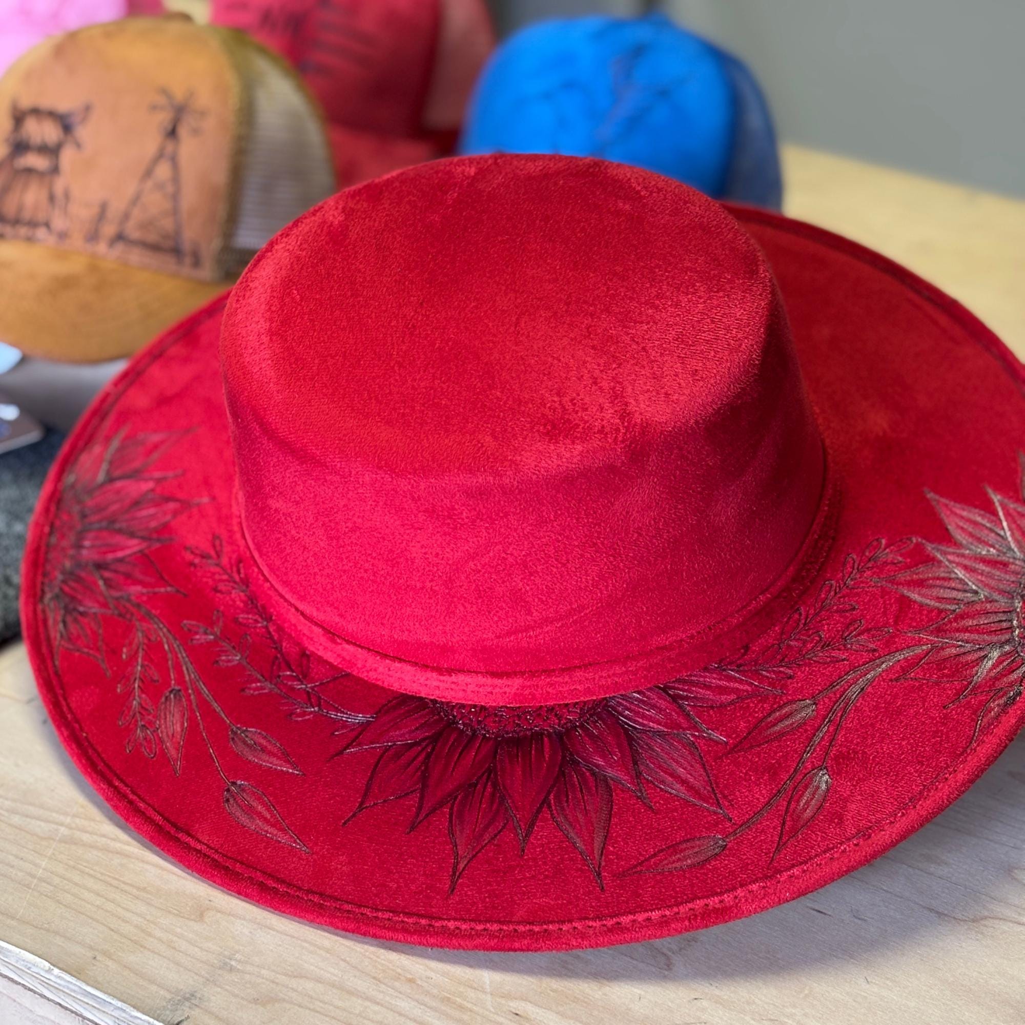 Red sunflower burned Wide Brim Hat Unique personalized hats with burning designs main image 4