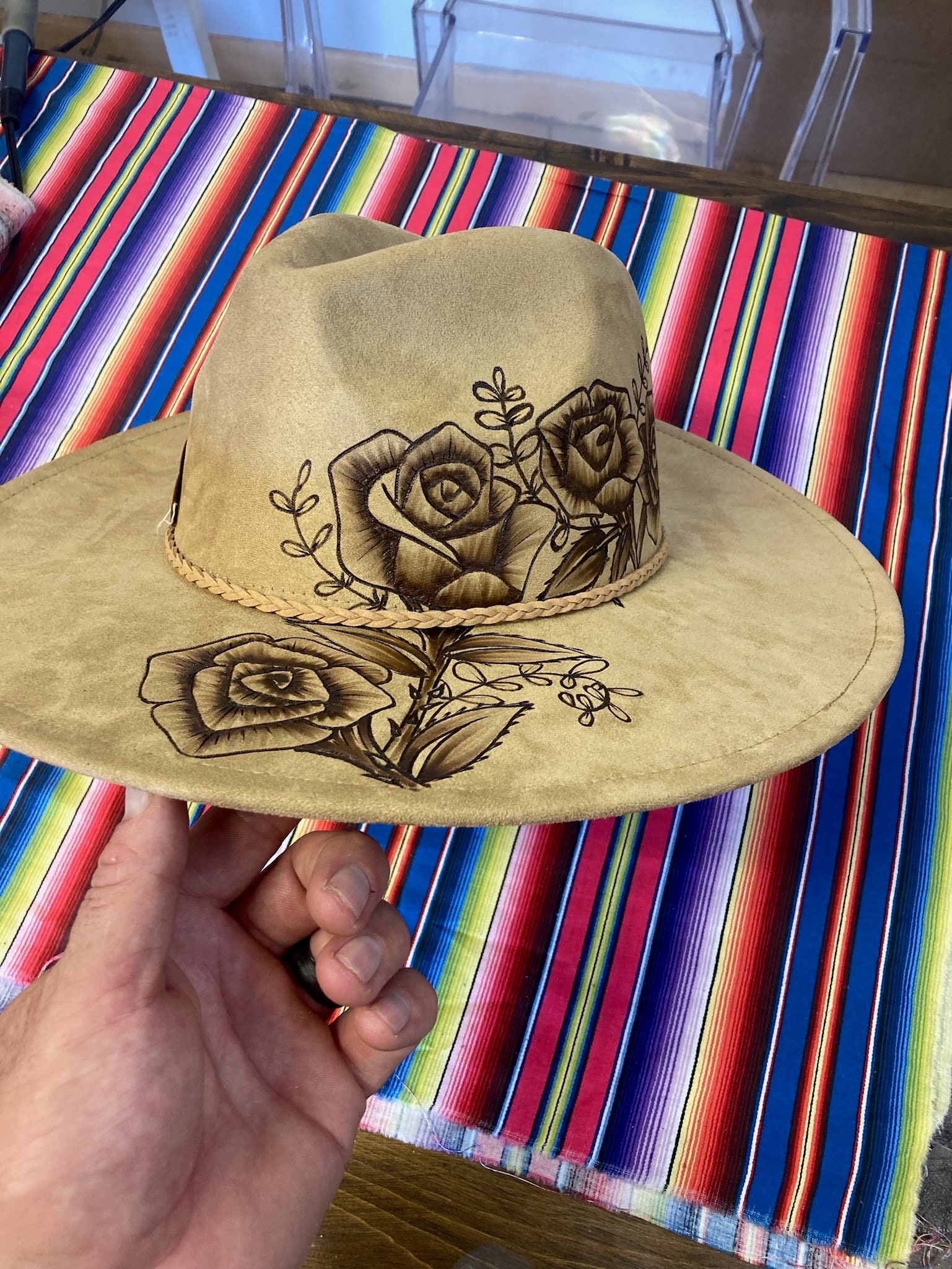 NWT Tan Hand Burned Fedora Cowboy Hat With Guns And Roses Pink fuchsia revolver gun rose floral burned suede wide brim  main image 2