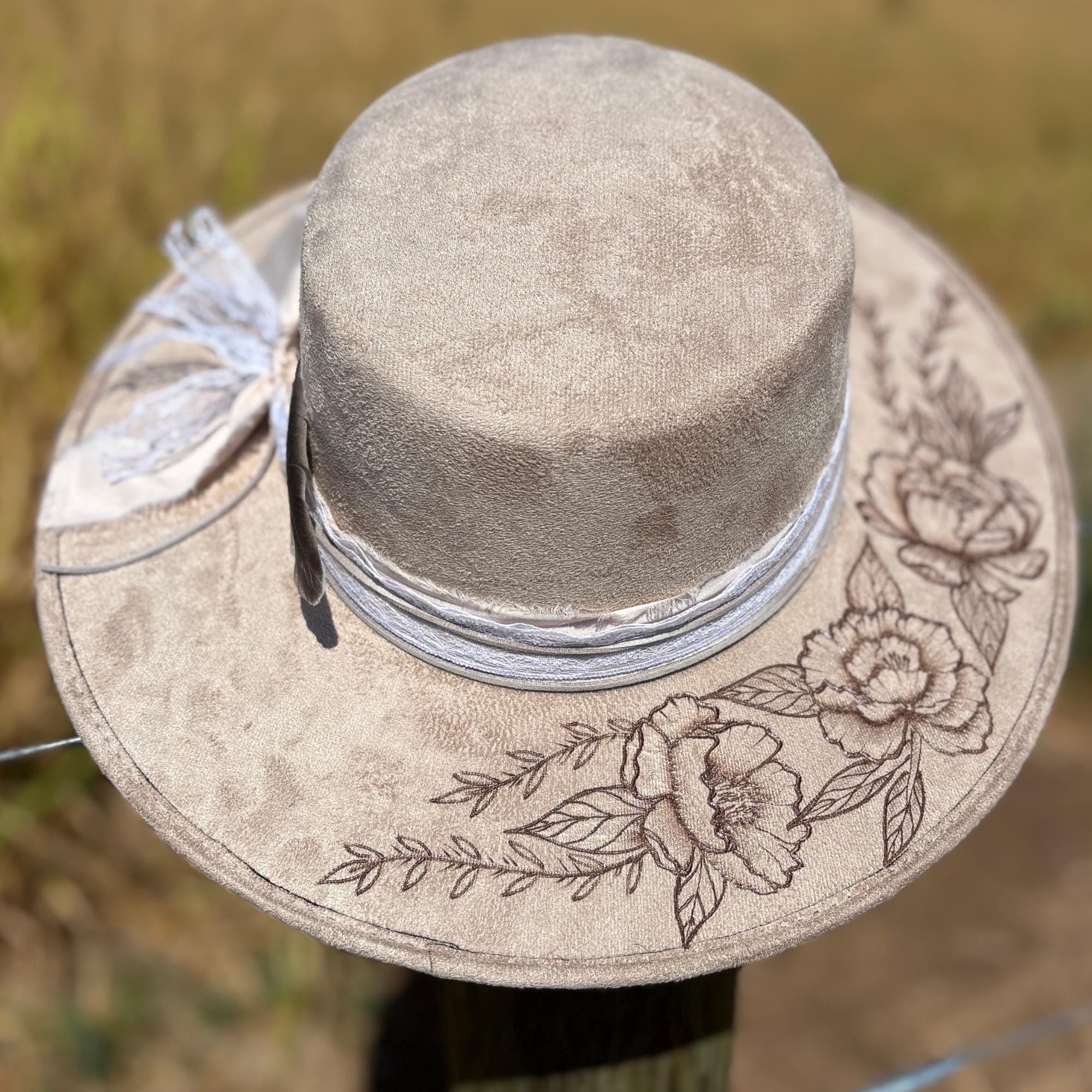 Hand Burned Vegan Suede Wide-Brim Fedora - Olive Green THE NATURAL is a Beautifully Hand-burned Army Green Vegan  main image 4