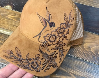 Custom Commission Ball Cap with freehand burned artwork