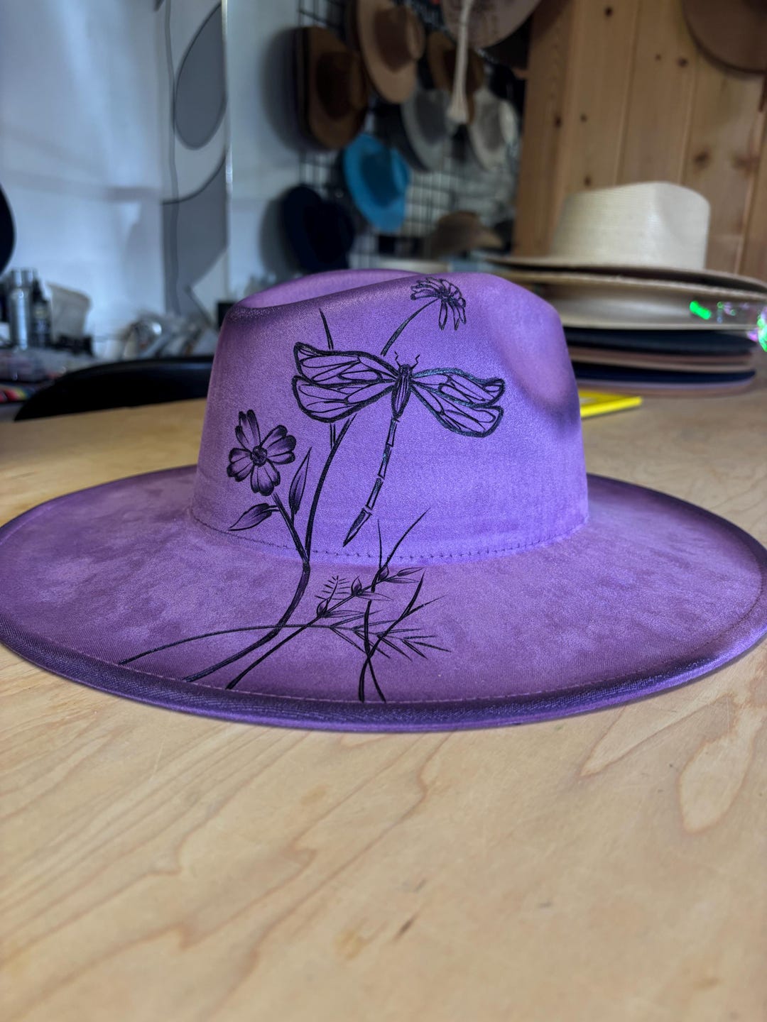 Hand Burnt Distressed | Dragonfly Floral Artwork | Suede  display picture 1