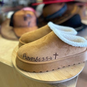 Faith-based suede clog slippers with Proverbs 3:5-6 hand burned design and shearling interior