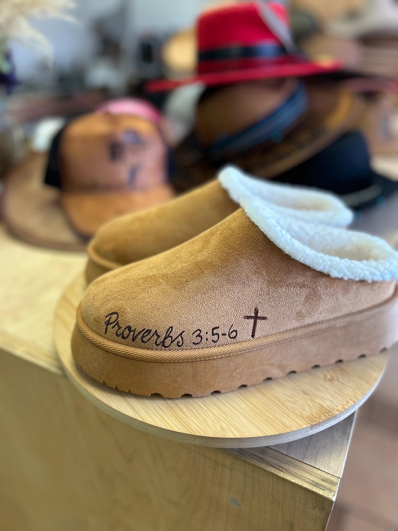 Faith-based suede clog slippers with Proverbs 3:5-6 hand burned design and shearling interior
