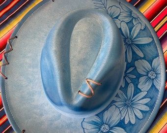 Wide Brim Fedora Hat | Baby Blue | Suede | Ready to Customize with Hand Burned Art and other customization