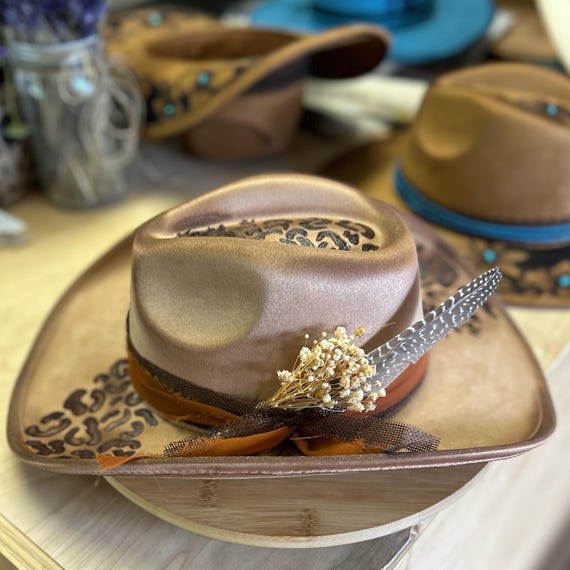 Leopard Print Cowboy Fedora Hat – Hand Burned Tan Western Hat With