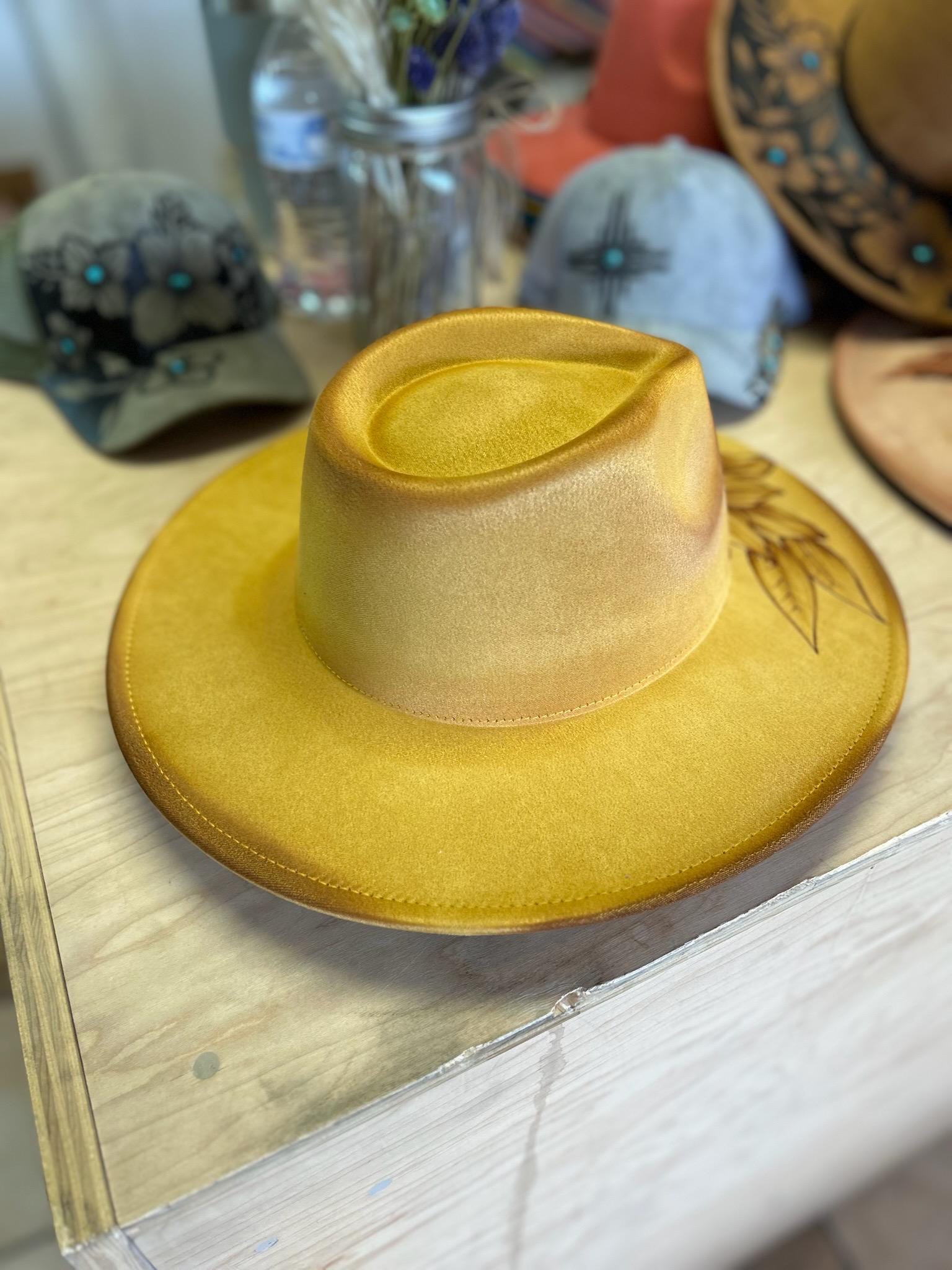 Jackyco Fashion | New Couture Bohemian Hat Handmade | Color: Earth Tone Mustard Hand Burned Cowboy Hat - Tobacco Cashmere Western Hat, Gypsy  main image 3