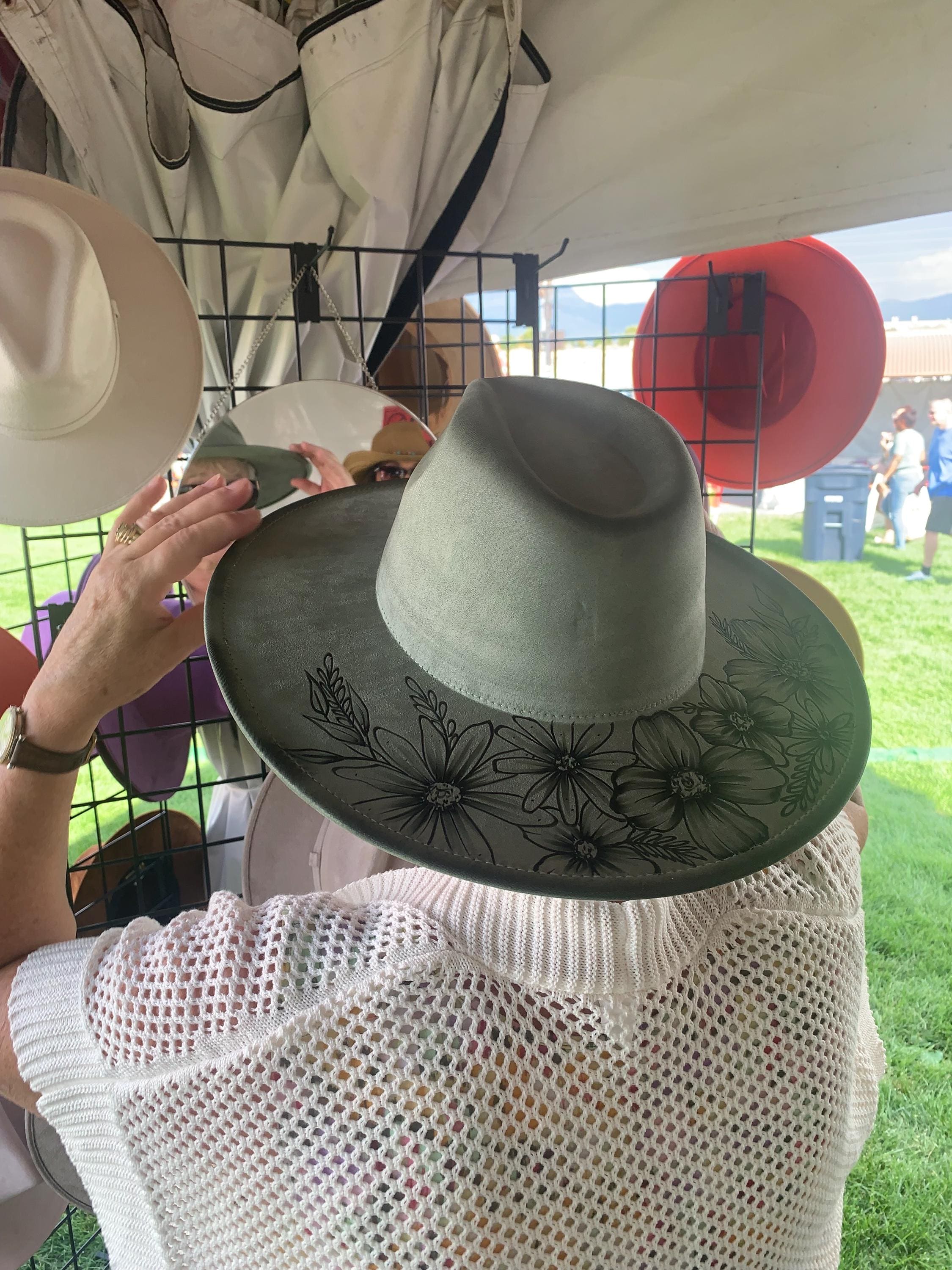 Hand Burned Fedora With Leather Stitching | Floral Wide Brim 