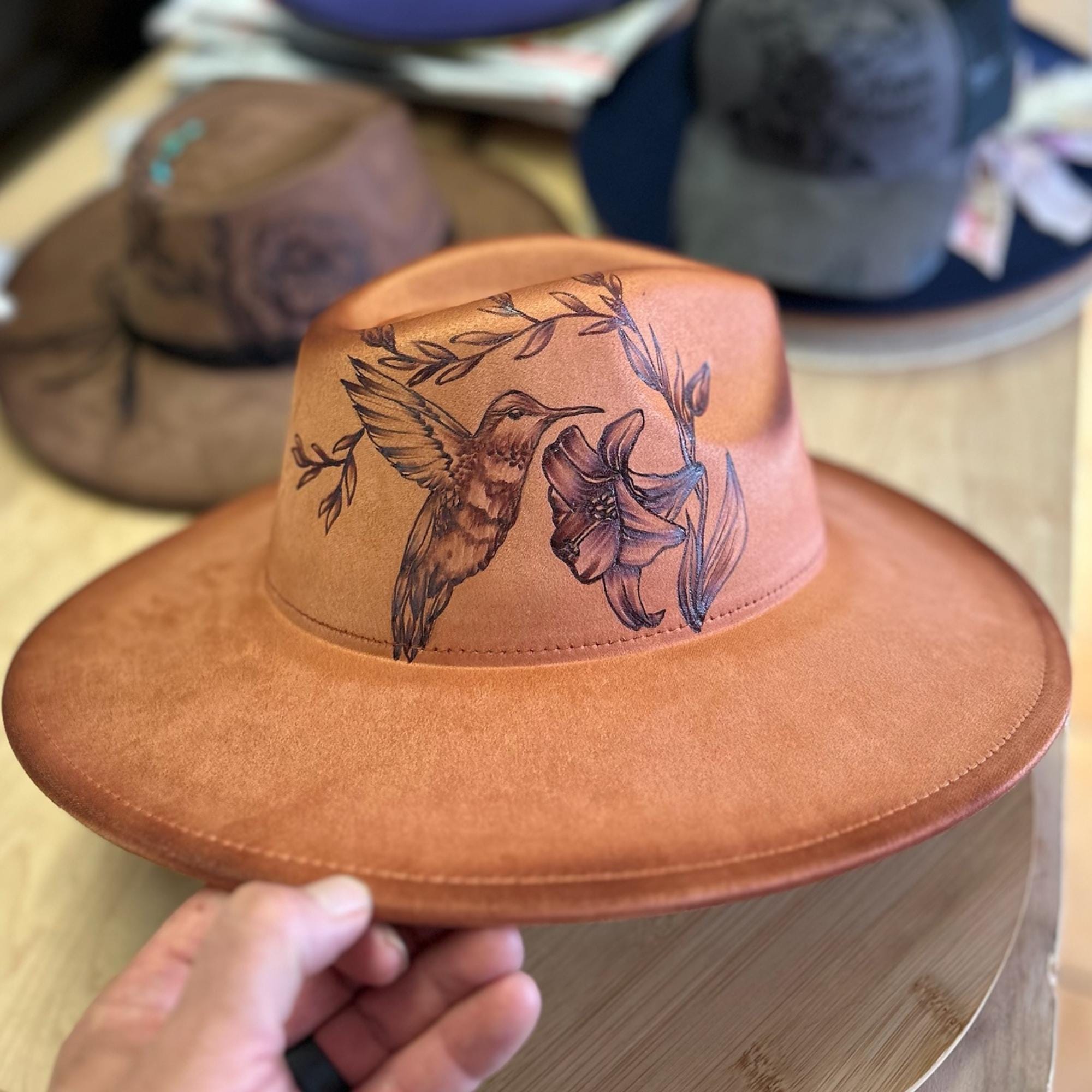 Fedora Pyrography hand painted hummingbird one of a kind Humming Bird Fedora Free Hand Burning and Hand Painted - Etsy main image 4
