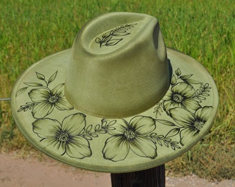 Hand Burned Wide Brim Olive Green Fedora Hat | Floral  display picture 1