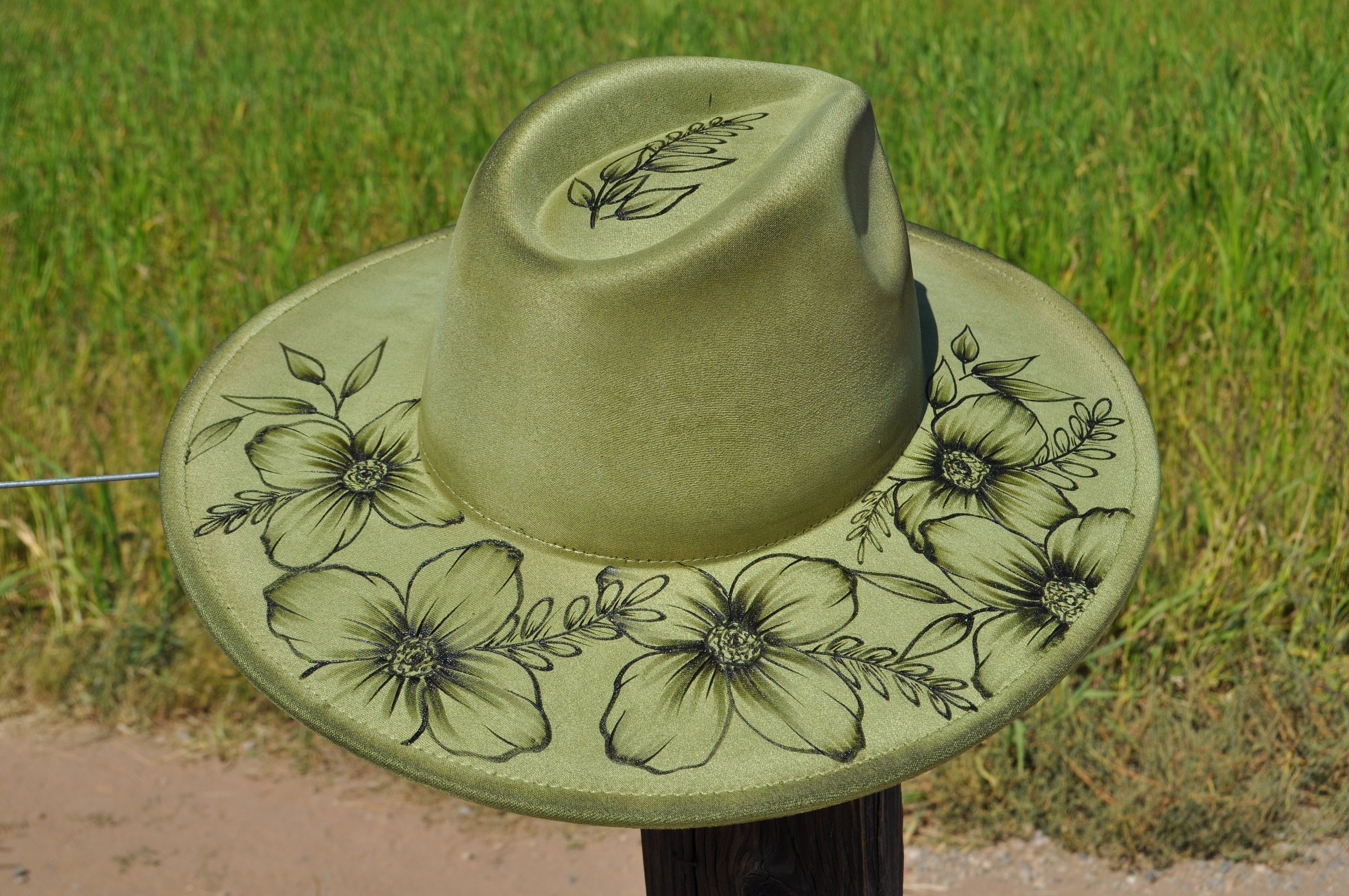 Sun Kissed Fedoras Cowgirl Hat Green Floral Wide Brim Medium Wide Brim Fedora | Custom Western Hat With Botanical Design  main image 4