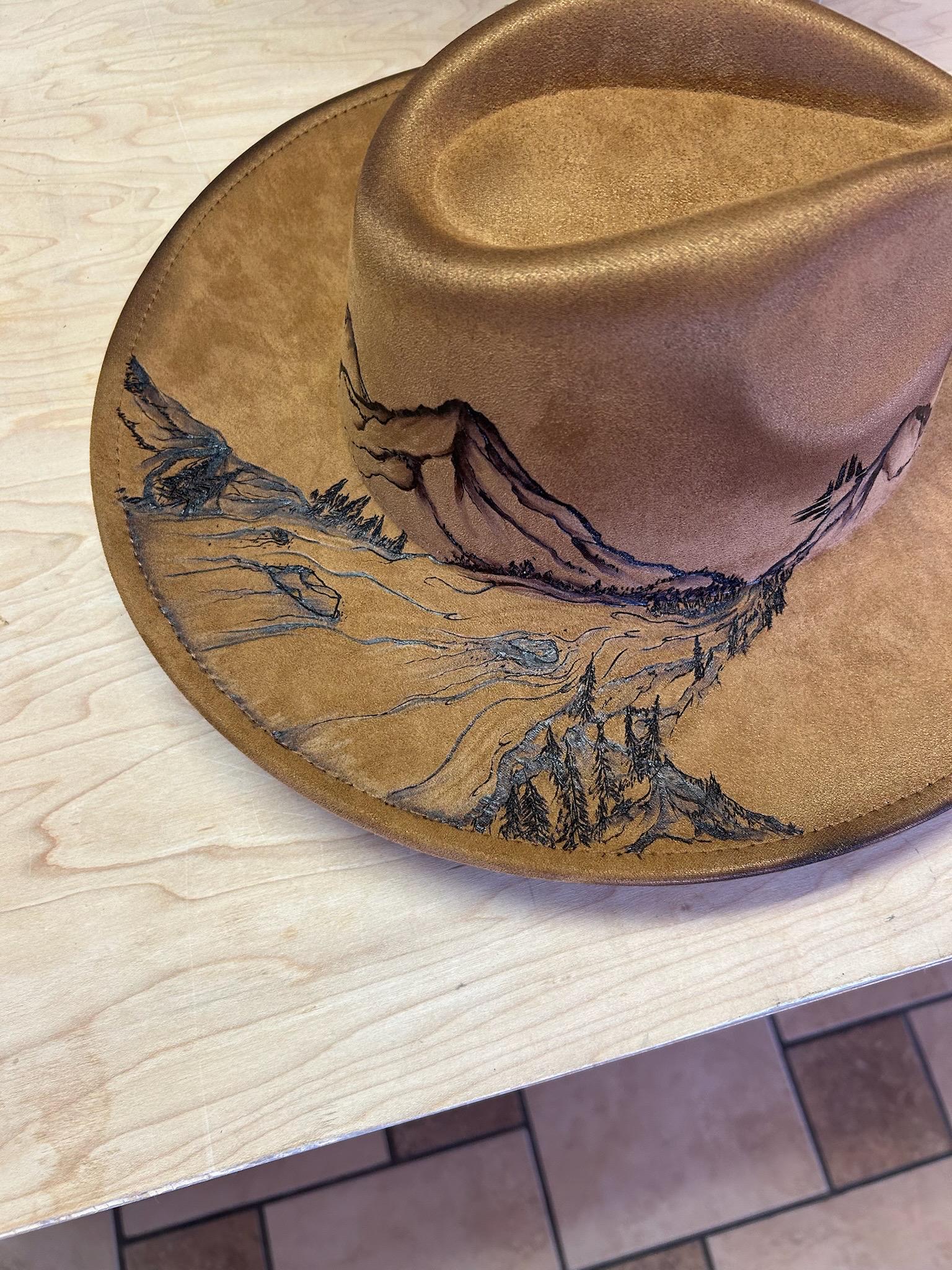 Hand-burned Mountain Landscape Hat – Custom Western Fedora  display picture 2