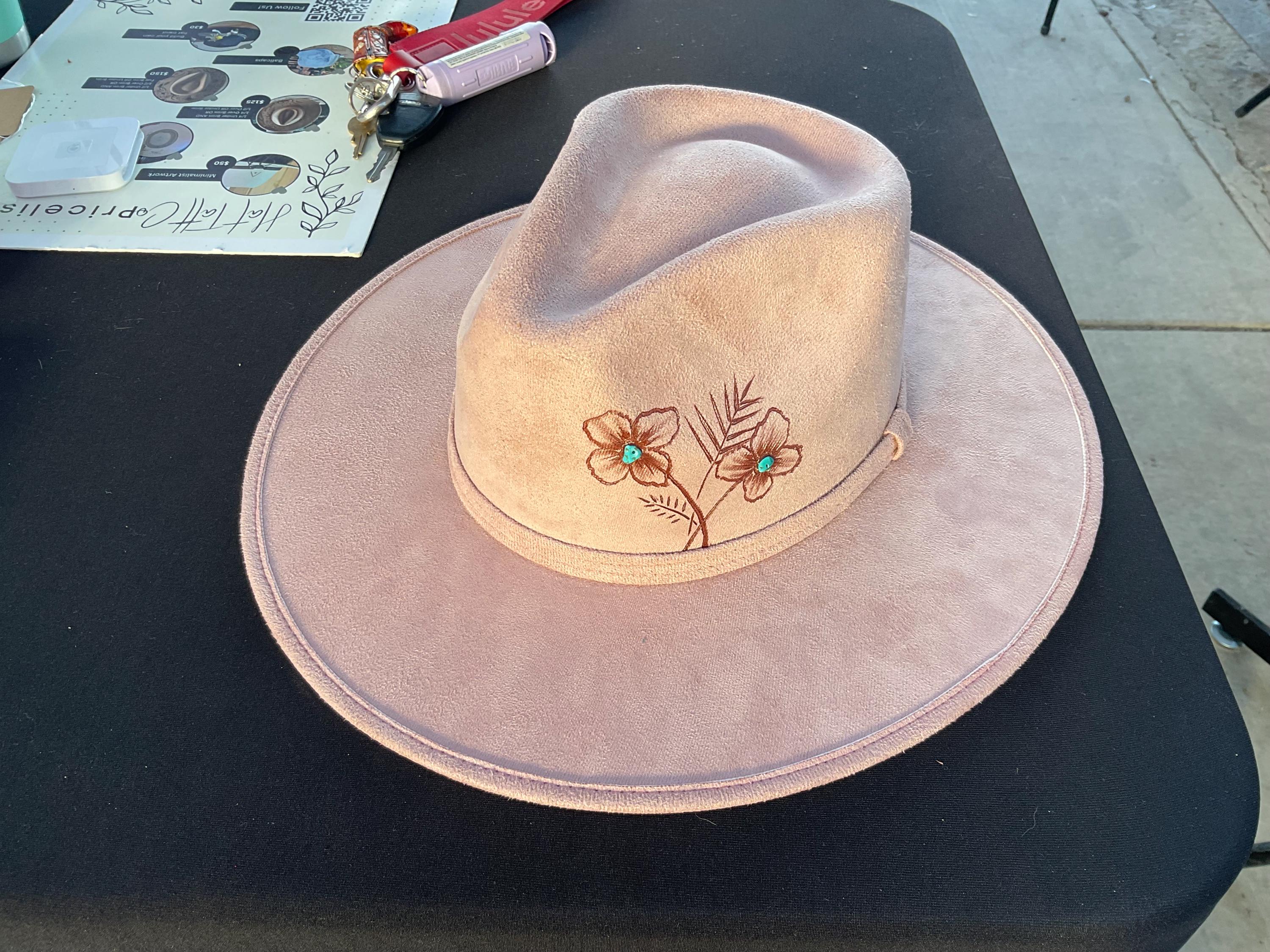 Luna Custom Blush Pink Suede Fedora Hat Engraved Agate Boho Size M Hand Burned Pink Suede Fedora Hat With Floral and Turquoise  main image 4