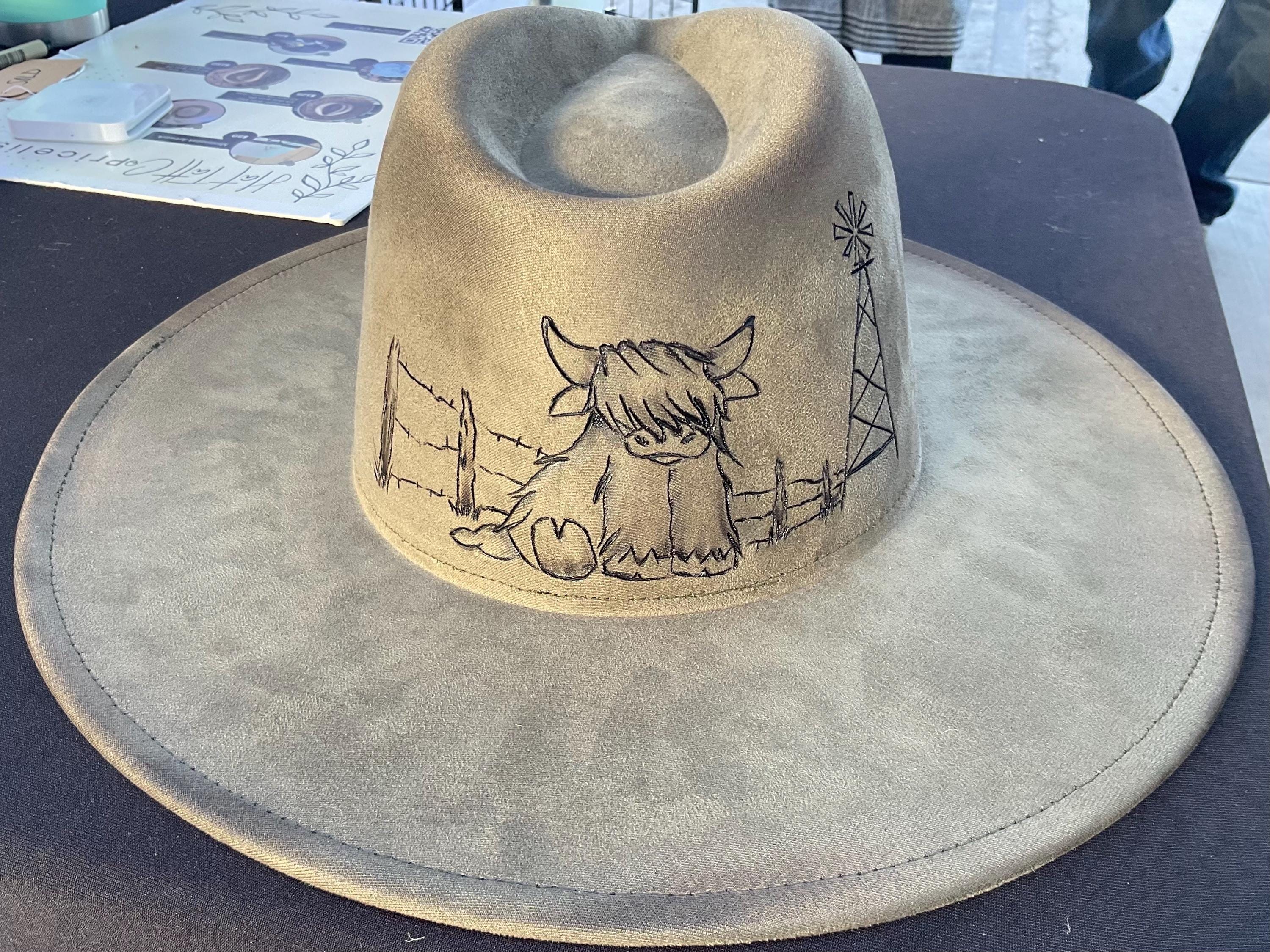 Hand-burned Highland Cow Hat - Custom Western Felt Hat With  display picture 1