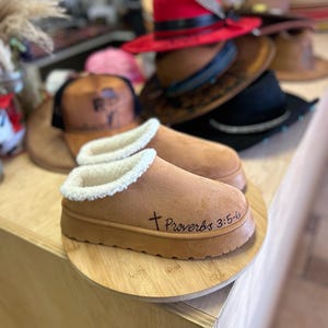 Pair of handmade Christian clog slippers with Proverbs 3:5-6 hand burned into brown suede