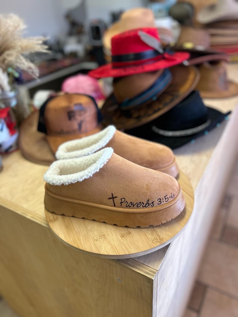 Pair of handmade Christian clog slippers with Proverbs 3:5-6 hand burned into brown suede