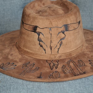 Burned Hat | Southwestern Art | Brown | Stiff Brim | Wide Brim | Fedora Style Rancher Hat