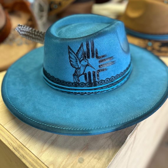 Light Blue Hand Burned Fedora Prairieland Sky Blue Hand-Burned Faux Suede Fedora  main image 4