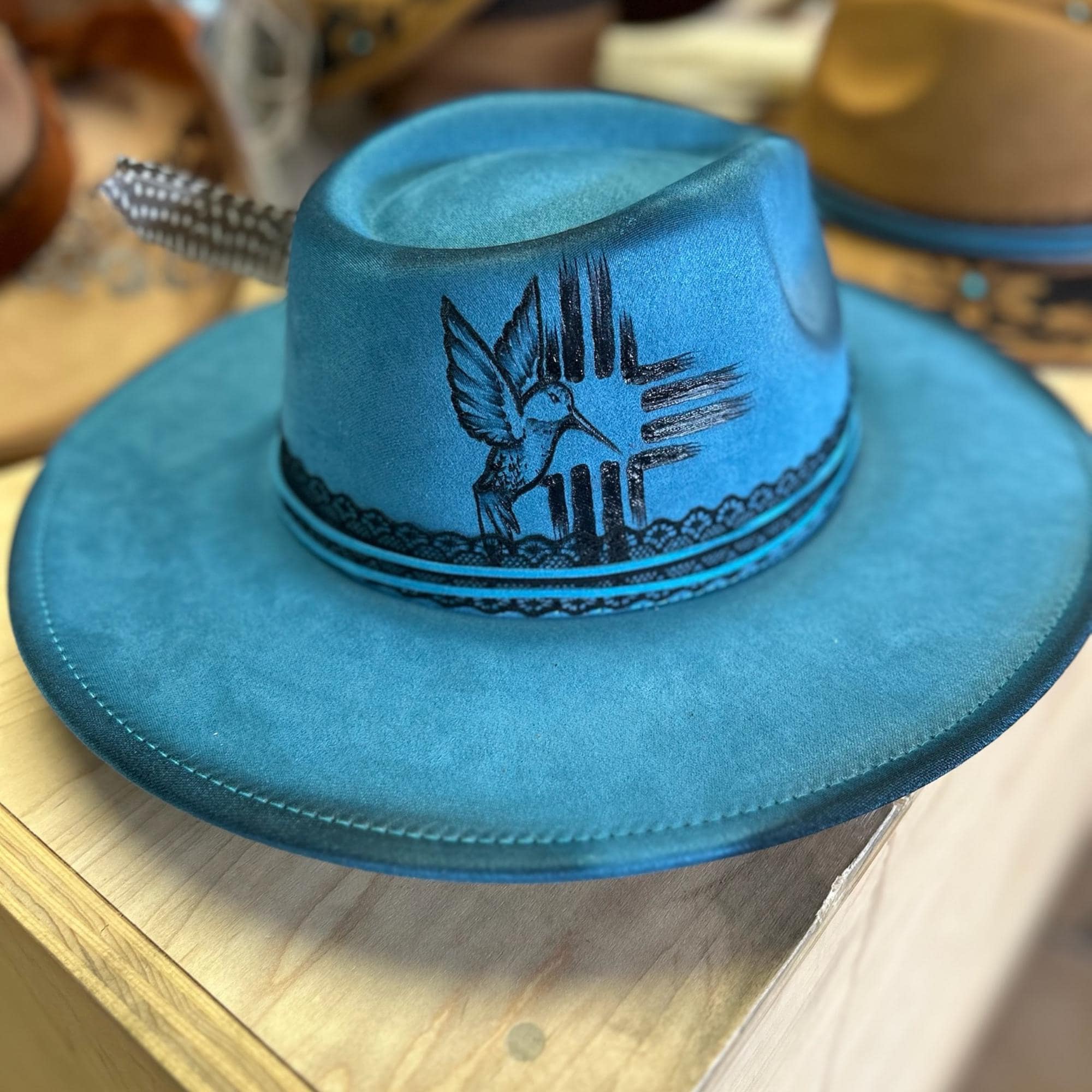 Turquoise Fedora Hat With Hand-burned Hummingbird & Zia 