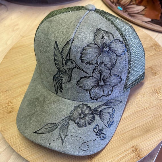 Handcrafted Burned Ball Cap With Hummingbird and Floral  display picture 2