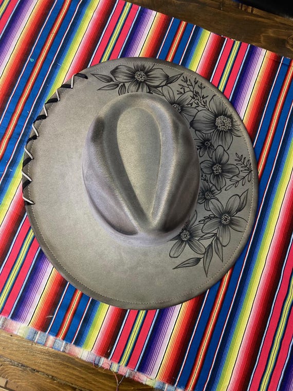 Hand Burned Fedora With Leather Stitching | Floral Wide Brim  display picture 1
