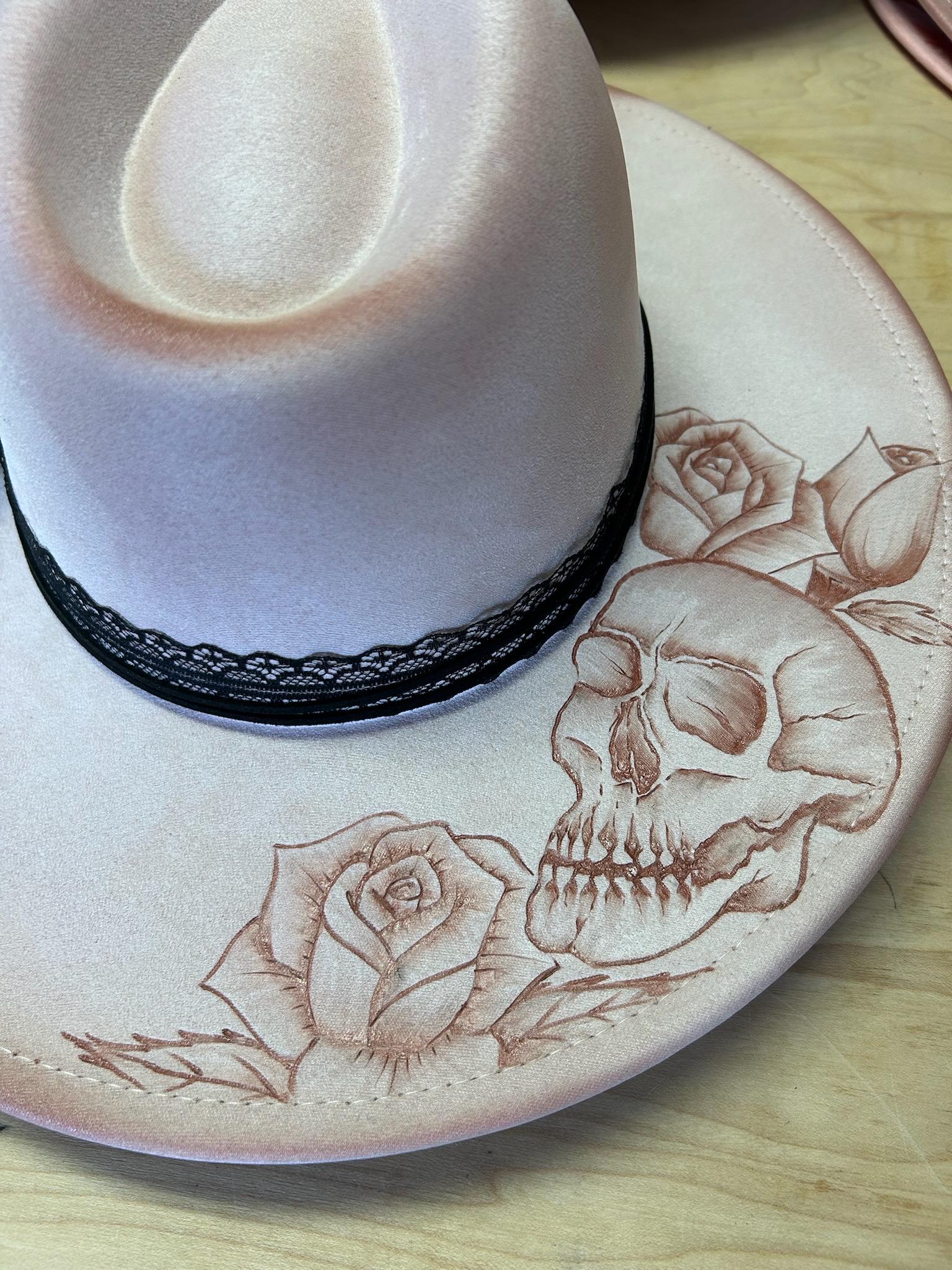 Hand-burned Skull Hat With Roses | Gothic Western Fedora 