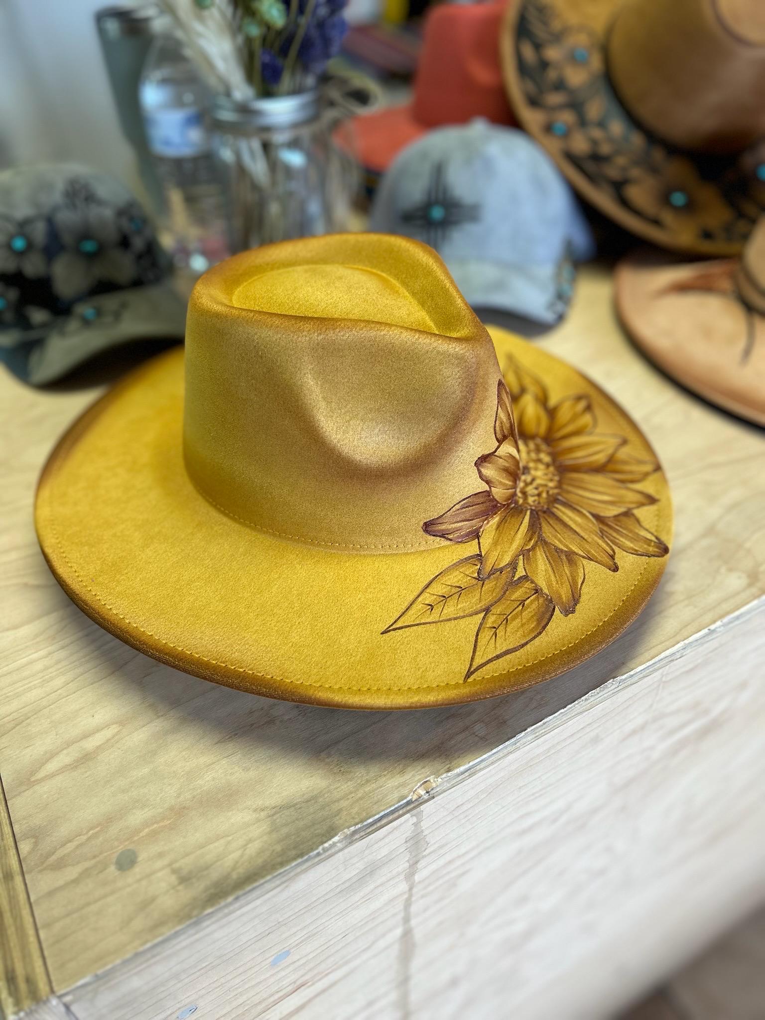 Custom Burned Mustard Yellow Fedora Hat – Teardrop Crown  display picture 2