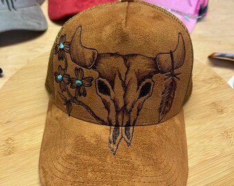 Hand-burned Cow Skull Trucker Hat – Western Distressed Mesh Cap