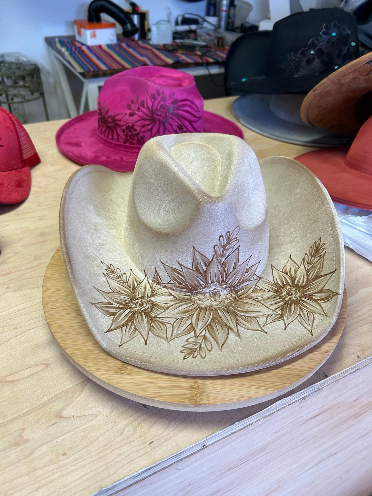 Sunflower Cowboy Hat | Hand-burned Wide Brim Western Hat  display picture 1