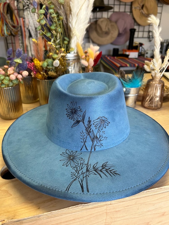Hand Burnt Distressed Wildflowers Suede Wide Brim Fedora Boho