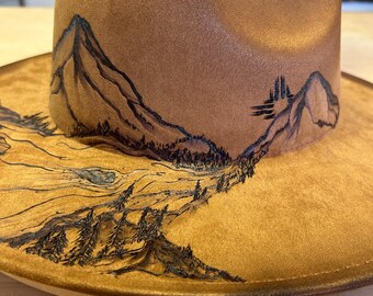 Hand-burned Mountain Landscape Hat – Custom Western Fedora  display picture 3