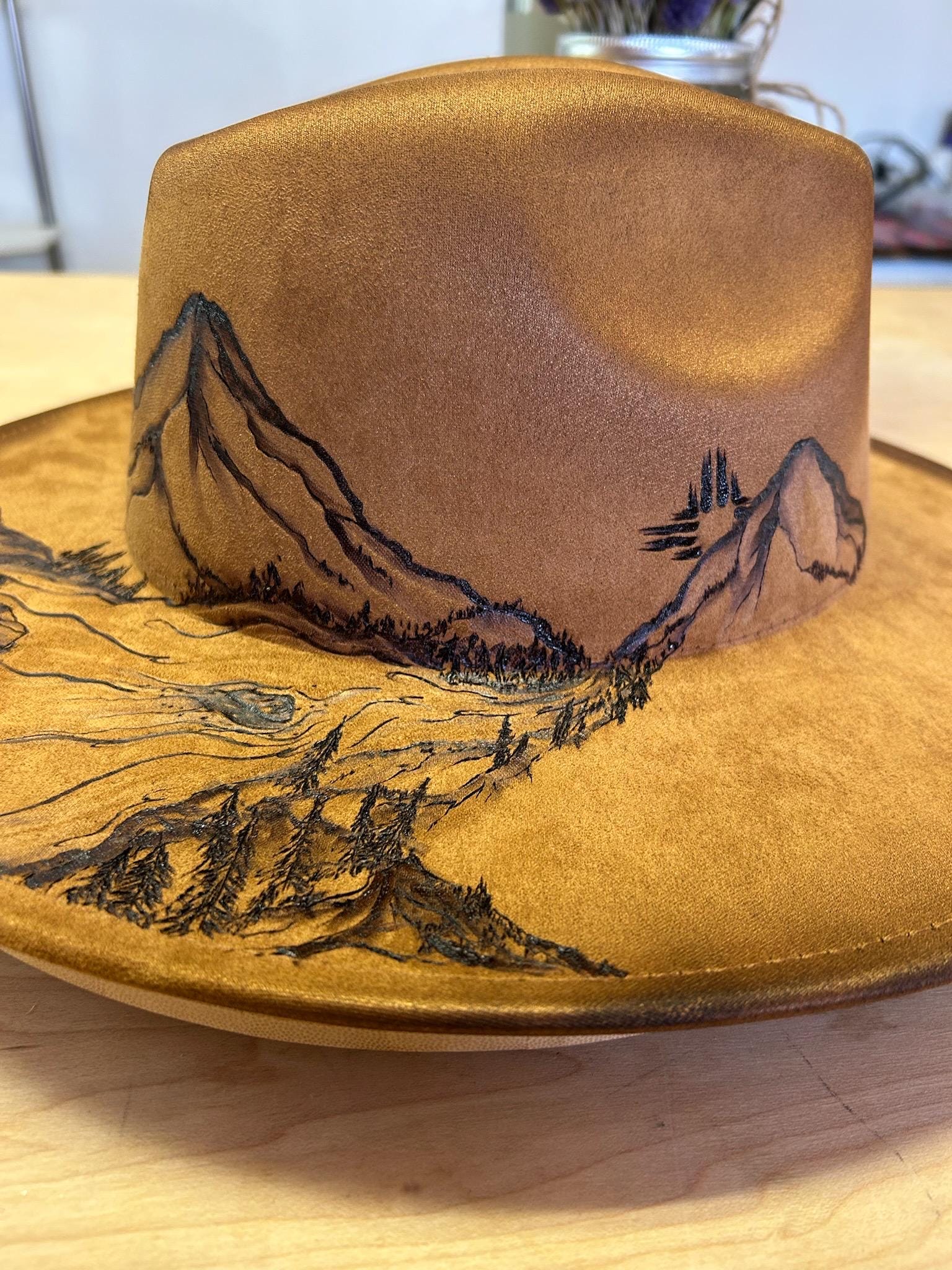 Hand-Painted Fedora Hat in Earthy Greens & Blues Mountain ?️ and Stream Hand Painted Fedora Hat Made in Mexico Classic Style Summer Hat main image 4