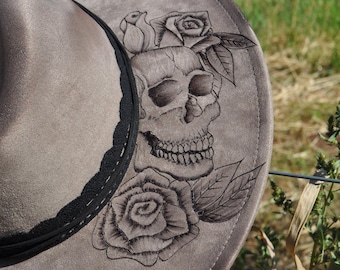 Skull and Roses Hat - Hand Burned - Made to Order - Vegan  display picture 1