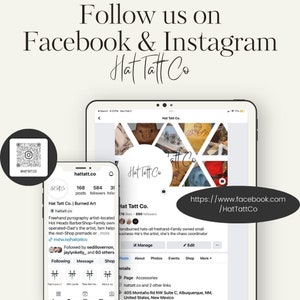 Hat Tatt Co. branding card with Facebook and Instagram links, artisan burned hat and footwear maker