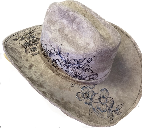 Handburned Floral Gray Embroidered Western Hat with Gold Trim ONE OF A KIND Wildflower Floral Burned Hat, Floral Engraved Cowboy Hat  main image 3