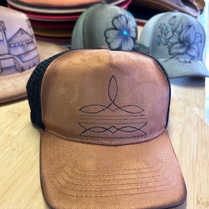 Hand Burned Trucker Hat – Geometric Boot Stitch Line Art Snapback Mesh Cap, Distressed Southwestern Baseball Hat