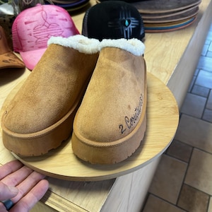 Tan suede Christian slippers with faux-shearling trim and scripture burn design, handmade gift for women.
