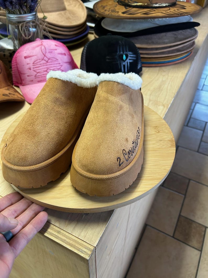 Tan suede Christian slippers with faux-shearling trim and scripture burn design, handmade gift for women.
