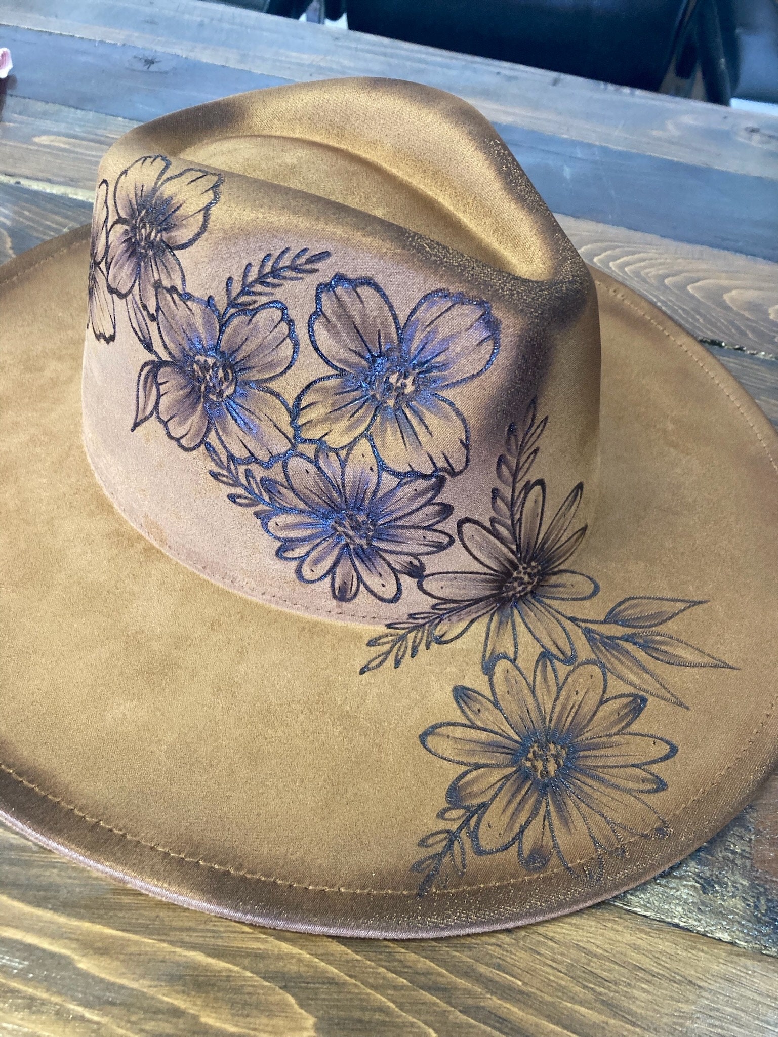 Reba tan small brim Fedora hat Wildflower Burned & Torch Distressed Wide Brim Fedora Hat - Etsy main image 2
