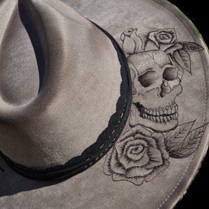 Hand-Burned Distressed Wide Brim Fedora Hat | Skeleton & Roses Design | Unique Boho Festival Hat | Western Style Fedora