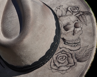 Hand-Burned Distressed Wide Brim Fedora Hat | Skeleton & Roses Design | Unique Boho Festival Hat | Western Style Fedora