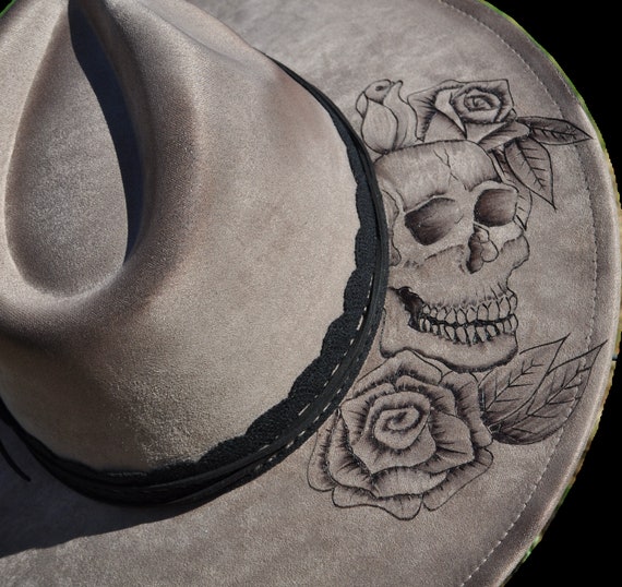 Hand-burned Distressed Wide Brim Fedora Hat | Skeleton  display picture 1