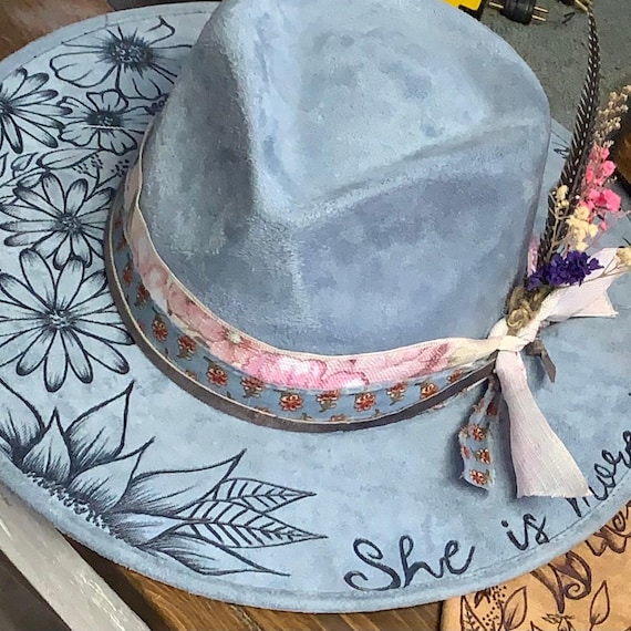 One-of-a-kind Blue Suede Fedora | Hand-burned Wildflower  display picture 1