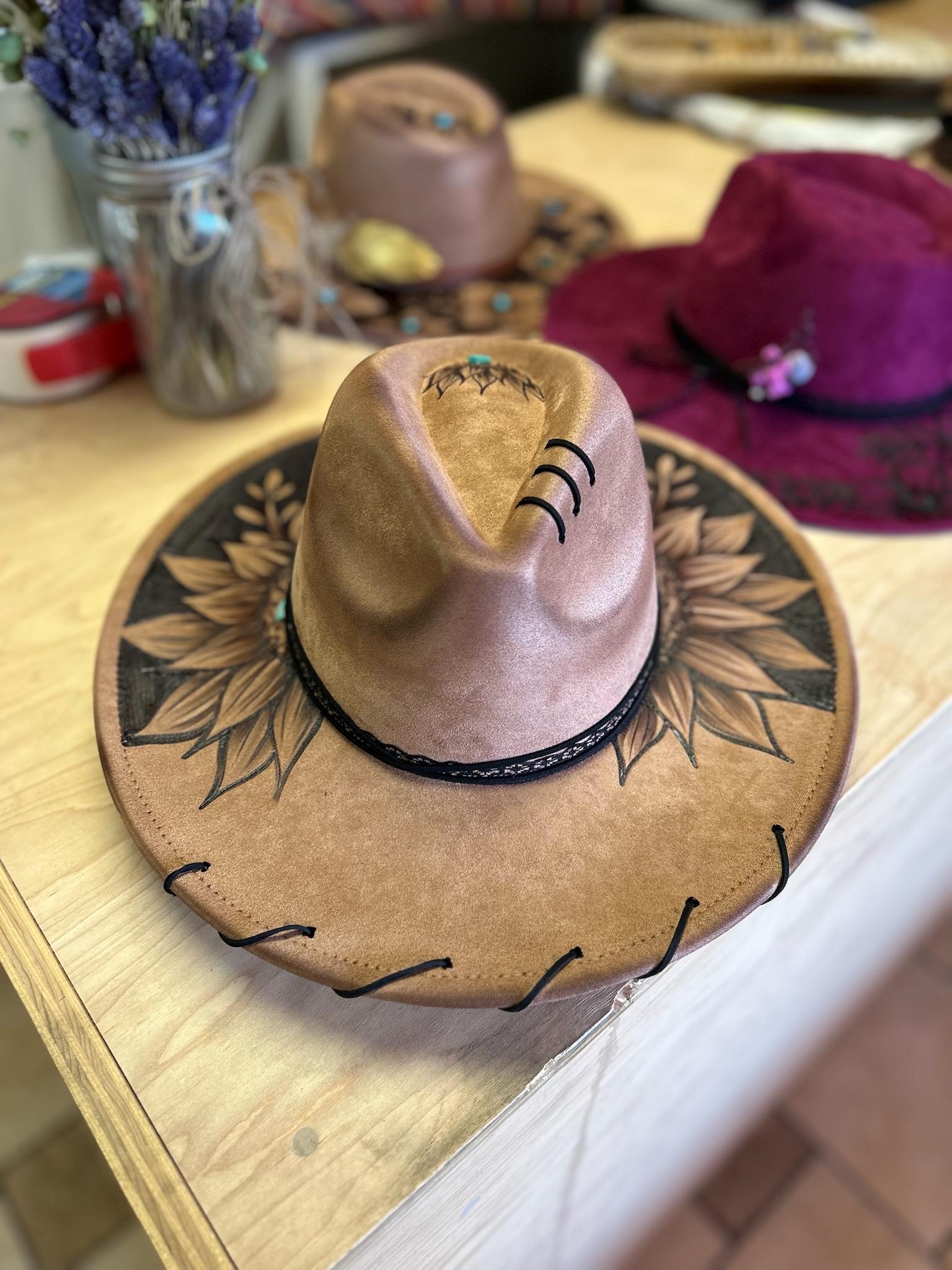 Hand Burned Sunflower Western Hat | Boho Cowgirl Hat | Handmade Pyrography Hat COWBOY Brim Sunflower - Custom Hand Burned Hat – Wild Child  main image 2